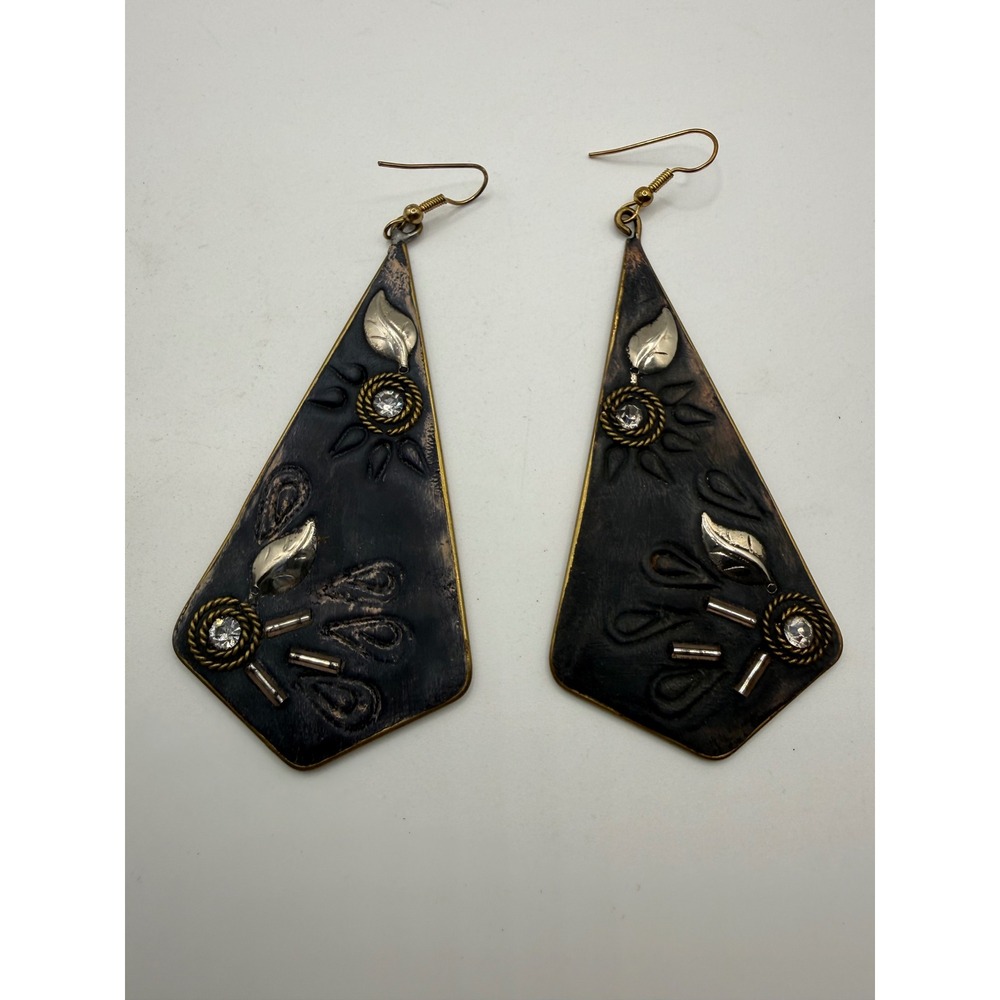 Vintage Artisan Mixed Metal Geometric Kite Drop Earrings Leaf Statement - Picture 1 of 3